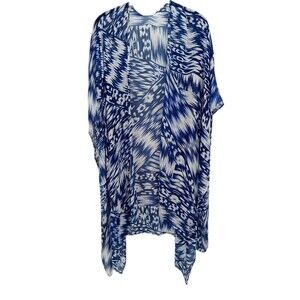 Boho Blue White Ikat Kimono Duster Lightweight Festival Beach Cover Up OS